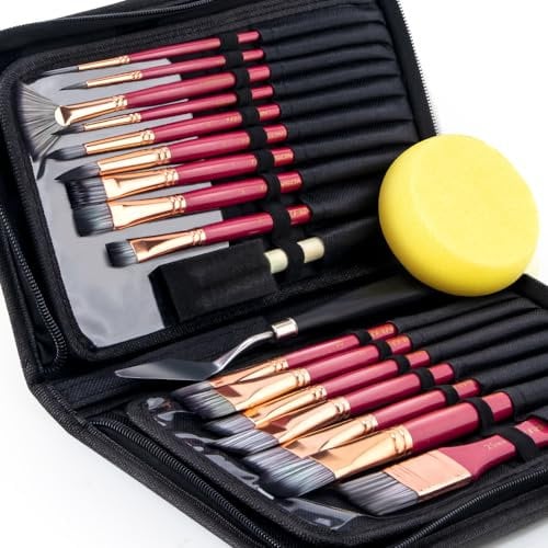 Transon Art Paint Brush Kit 16 Paint Brushes with Foam Brush Sponge Spatula and Brush Case for Oil, Acrylic, Watercolor, Gouache, Painting Pink Color