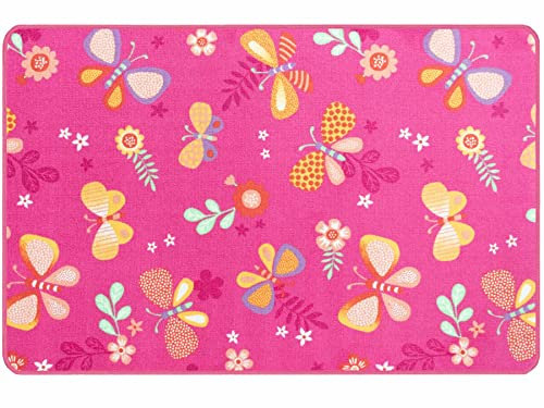 Primaflor Kinderteppich - Papillon, Pink, 100x150cm, Robuster Spielteppich mit Schmetterlingen, Hochwertiger Teppich für das Kinderzimmer, Spielmatte Jungen/Mädchen