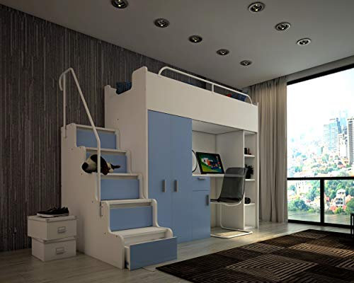 Marlux-Meble Hochbett Kinderbett JSM-4 90x200 mit Kleiderschrank Schreibtisch und Treppe Matt Kinderbetten Funktionsbett Etagenbett Stockbett Kinderhochbett Jugendhochbett (Hellblau Matt)