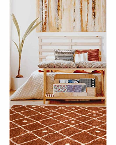 Modern Style Rugs Cosy Shaggy Diamond Terracotta Brown Rug, High Pile Rugs for Living Room, Bedside, 120x170cm (4ft x 5ft 7 inch)