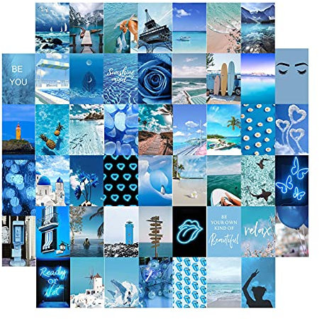 50 Stück Collage Poster Kit für Wandästhetik, Dreamy Blue Aesthetic Bilder für ästhetische Wand Collage Kit Drucke, Raum Wandkunst Dekoration