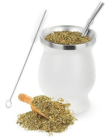 STOUCLA Juego de vasos de té mate, con pajita y un cepillo de limpieza, para té mate, color blanco