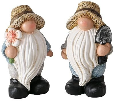 ReWu Gartenwichtel 2er Set Gartenfigur Höhe 15cm Sommerwichtel Mit Spaten und Blumen aus Keramik Dekofigur Gartenzwerg
