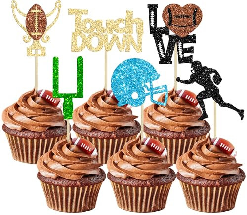 Gyufise 24 Stück Rugbyball Cupcake Toppers Glitzer Touchdown Spieler Cupcake Picks Trophäe Liebe Rugby Cupcake Toppers Rugby Kuchen Dekor für Rugby Sport Thema Baby Shower Party Supplies