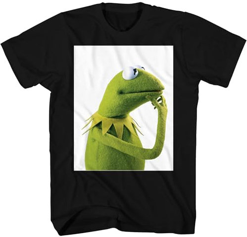 Disney The Muppets Kermit The Frog Thinking Pondering Meme Adult T-Shirt, Black, Large