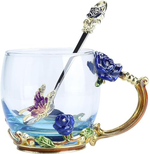 YBK Tech Creative Flower Glass Mug, Crystal Blue Glass Tea Cup- Blue Rose, Short (320ml)