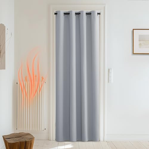 PONY DANCE Silver Grey Blackout Door Curtain - Wide 52-inch x Drop 90-inch Eyelet Curtains for Kids Room Noise Reducing Drapes Decorative Solid Window Dressing, 1 Piece,