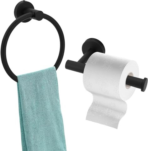 Porte-papier toilette noir mat et anneau porte-serviette, support de rouleau de papier toilette en acier inoxydable, ensemble de matériel mural de salle de bain, porte-serviette et anneau