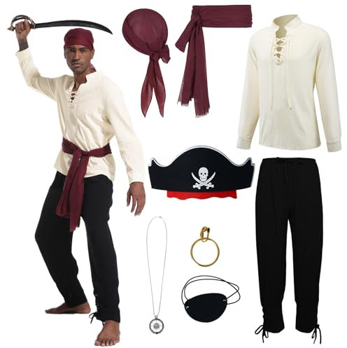 AJGEGJE Piratenkostüm Herren, 8 Stück Herren Piratin Kostüm Set mit Hemd, Lang Hose, Piraten Kopftuch, Gürtel, Halskette, für Halloween Karneval Cosplay (3XL)