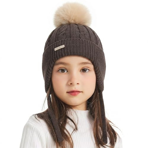 ZLYC Kinder Mädchen Strickmützen Wintermützen Baumwolle Pom Pom Beanie