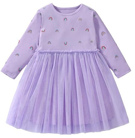 Dioshark Vestito Ragazze Viola Tulle Bambina Cotone Abiti Manica Lunga Gonna Tutu con Arcobaleno Modello Casual Autunno Primavera Abito T-Shirt Principessa Scuola Abbigliamento per Bimba 2-3 Anni