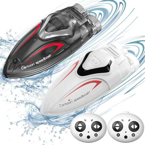 OBEST 2 Pièces Mini Bateaux Télécommandés avec Lumière LED, Bateaux de Course RC Stunt avec Télécommande Etanche 2,4 GHz et Piscine Gonflable, Jouet de Piscine Télécommandé pour Garçons et Filles