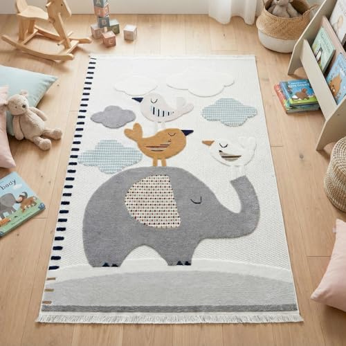 RUGURA Teppich Kinderzimmer Junge Mädchen Kinderteppich Spielteppich Kurzflor 170x120cm Elefant