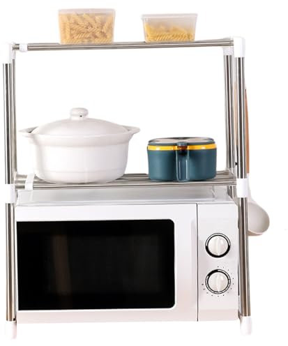 Microwave Shelf 2 Tier Expandable Stainless Steel Microwave Stand Countertop with Hook Heavy Duty Multipurpose Microwave Oven Rack Microwave Rack Microwave Stand Microwave Shelf Microwave Oven Rack