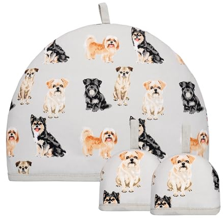 Tea and Egg Cosy Set of 3 – Grey Dog Print, 100% Cotton Teapot Cover with Insulated Lining and 2 Egg Cosies, Durable Kitchen Accessory for Breakfast, Brunch, and Gifts
