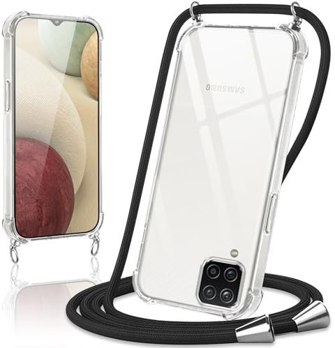 Coiwxmoi Cover per Samsung Galaxy A12 con Cordino 6.5,Trasparente Custodia con Laccio Tracolla Corda Catena Cinghia,Ultra Morbido Silicone TPU Antiurto Case per Samsung A12, Nero