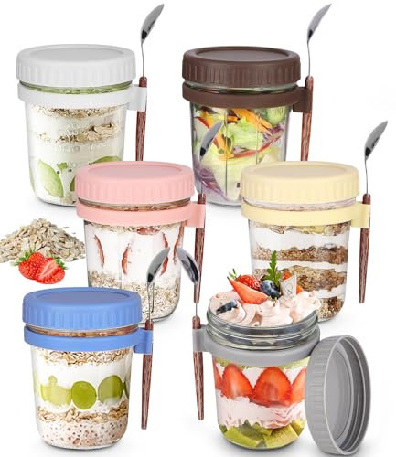 Ixydor Juego de 6 Tarros de Avena Nocturna, Overnight Oats Jar, Mason para Yogur, con Tapa y Cuchara, Tarros de Cristal para llevar con leche, yogur, cereales, verduras y frutas,350ml