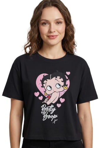 Vanilla Underground Betty Boop Black Cropped Short Sleeve T-Shirt | Heart Graphic Tee | Cartoon Character Crew Neck Top | Retro Casual Wear Apparel for Women