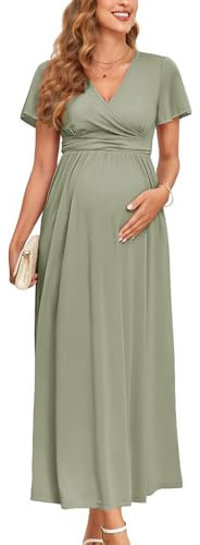 AISWI 2025 Damen Umstandskleid, Maxikleid, langärmelig, Wickelkleid, V-Ausschnitt, Schwangerschaftskleider mit Taschen, Babyparty, Fotoshooting, formell, 1. Rüschenärmel, Salbeigrün, Klein