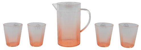 Decoris Vasos con jarra de plástico – Juego de 5 vasos y jarras – Juego de vasos con jarra – Vasos de agua – Vasos de zumo de limonada – Transparente Naranja