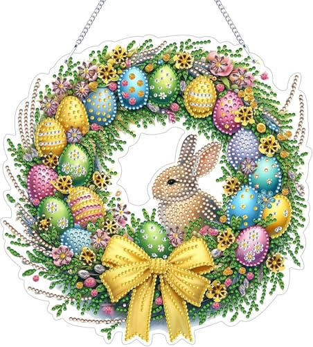Diamond Painting Anhänger Ostern Kranz Set, Osterei Hase Bastelset 5D Diamond Painting Fensterbilder mit Kette, Fensterdeko Frühling, DIY Diamont Türkranz für Fenster Wand und Eingang Decor