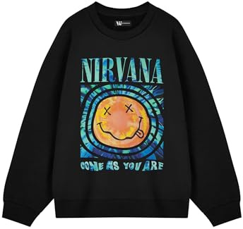 Nirvana Logo Long Sleeve Graphic Tee | Classic Music Band Merch Black Top | Crew Neck Pull On Shirt for Unisex Adults | Come As You Are Design