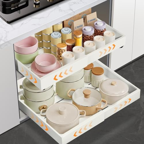 Goldeluxe Set de 2 Cajones Deslizantes Adhesivos, Cajones Extraíbles para Cocina en Kit, Cajón Telescópico Mueble Cocina, Organizador Cocina Armario, Bandeja Extraíble (32-52x42x7 cm)