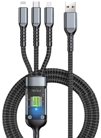 VastCart 3 in 1 USB Fast Charging Cable | 100W Super Fast Charge | Transparent Luminous Display | Durable Nylon Braided Multi Charger for Type-C, iPhone & Android Devices | High-Speed Power Delivery