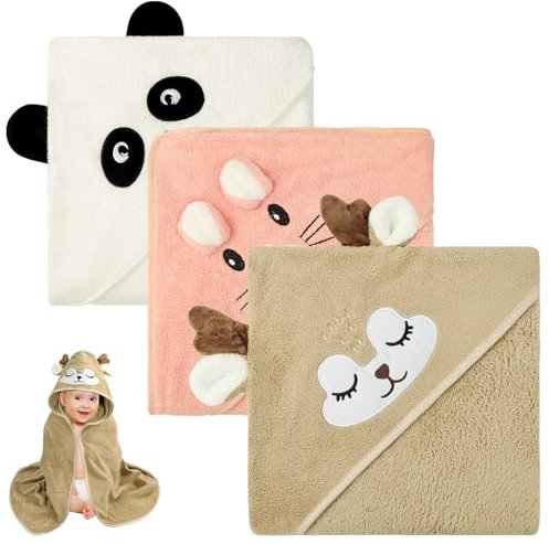 Aolso Kapuzenhandtuch Baby, 3pcs Baby Handtuch Kapuze Handtuch für zarte Babyhaut, Baby Badeponcho für Babys, Kleinkinder ab für 0-6 Jahre, Orange Katze mit offenen Augen-weißer Panda-brauner Elch