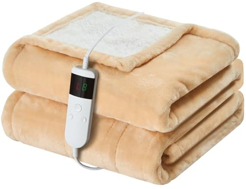 Qieryun Heated Electric Blanket 150x200cm Machine Washable Fleece & Sherpa Heated Blanket, Digital Controller, 10 Heating Settings, Automatically Turn Off After 8 Hours