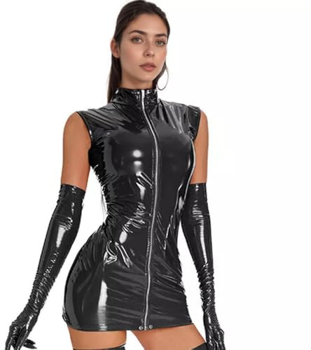PARUPRUP Damen Sexy Leder Reißverschluss Minikleid Wet Look Babydoll Ärmellos Figurbetont Nachthemd PU (DE/NL/SE/PL, Alphanumerisch, M, Regular, Regular, Schwarz)