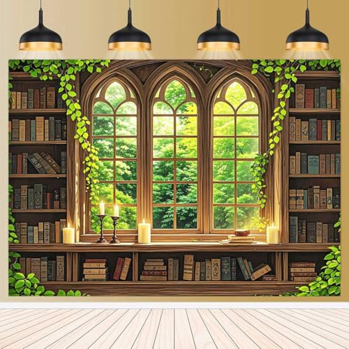 Vintage Wooden Bookshelf Backdrop for Photography Retro Library Window Green Forest Candle Photography Background Medieval Art Book Decorations Photo Props 9x6ft