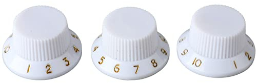 3 Stück Gitarren-Potentiometerknöpfe, Ton-/Lautstärkeregler, Drehknöpfe, Ersatz für E-Gitarre/Bass, Kunststoff, kompakte Größe, klare Beschriftung (Weißer Knopf Gold Beschriftung)