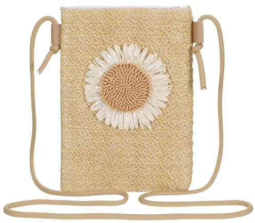 Classicseali Small Bags for Women,Straw Bags for Women uk with Chrysanthemum,Summer Vacation Small Straws Purse,Detachable and Adjustable Long Shoulder Strap,for Mobile Phones, Tissues, Keys, Coins