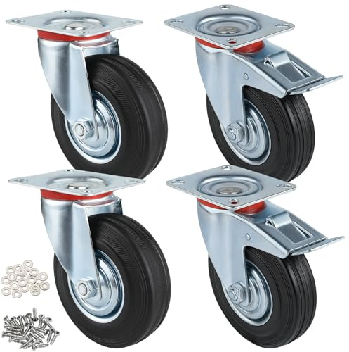 RRIUTO Schwerlastrollen 125mm mit Bremse, 4 Lenkrollen Doppelverriegelung Tragkraft 400KG, Leise Transportrollen 360° Drehung für Werkbänke, Möbelrollen Gummi Industrierollen für Tisch, Trolley