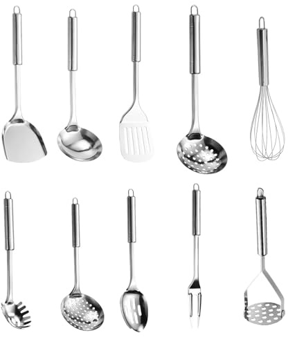 hocadon Set di Utensili da Cucina in Acciaio Inossidabile 10 Pezzi Set di Spatole in Metallo Set Mestoli Cucina con Spatola, Mestolo, Cucchiaio Forato, Frusta, ECC