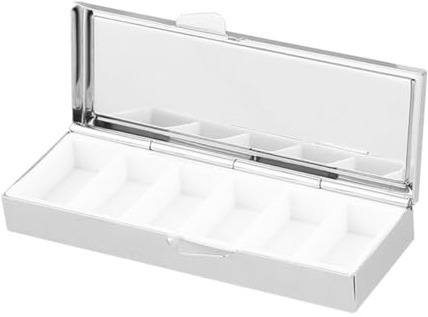 HAMPPLIES Rechteckiger Edelstahl Pillenbox Schlüsselanhänger 6 Fächer Staubschutz Tragbarer Medikamenten und Bonbonbehälter