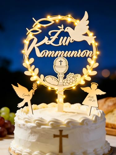 Kommunion Tortendeko Holz mit LED Lichterkette - inkl. Zur Kommunion Cake Topper, 1 Schutzengel und 1 Taube Tortenstecker, Kuchen Deko Erstkommunion Tortendeko Mädchen Jungen