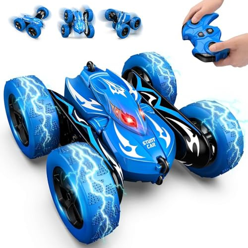 HappyGoLucky Remote Control Cars, Toy Cars for Boys Age 3 4 5 6, 360° Flips, 15KM/H, 2.4GHz Monster Truck, RC Stunt Car Outdoor Garden Toys Birthday Presents Easter Gifts for 3-12 Year Old Boy, Blue