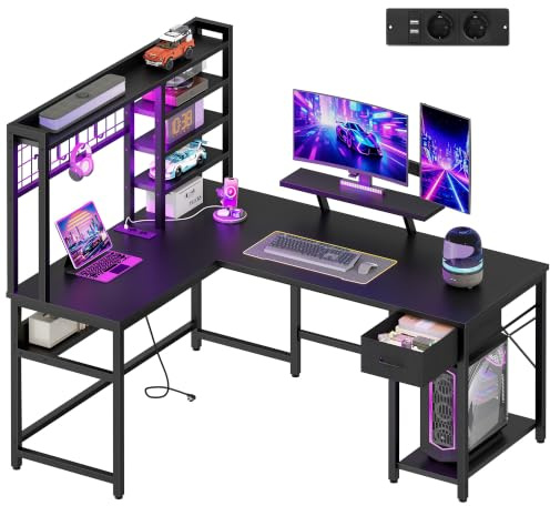 Hzuaneri Escritorio Gaming en Forma L con Iluminación RGB y Enchufes, 156 x 90 cm, Escritorio de Rincón con Soporte para Monitor y Ganchos para Oficina en Casa, Estudio, Dormitorio, Negro CD71006BEU