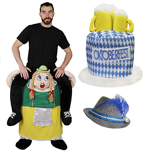 Bavarian Woman Costume - Oktoberfest Pick Me Up & Beer Hat with 3 Stein Beer Glasses - Ride On Bavarian Costume - Adults - Fancy Dress