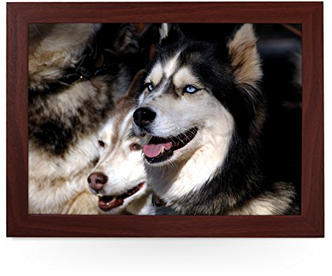 Portable Lap Desk Tray (Husky Dogs) Handmade Wooden Frame, Beanbag Cushioned Bottom | Computers, Laptops, Meals, Food | L0090 Brown