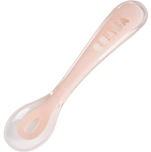 BÉABA, Cuillère en Silicone Bébé / Enfant, 2ème Âge, Dès 10 mois, Souple, Bout arrondi, Manche Ergonomique, Manche court et arrondi, Prise en main facile pour Bébé, Rose