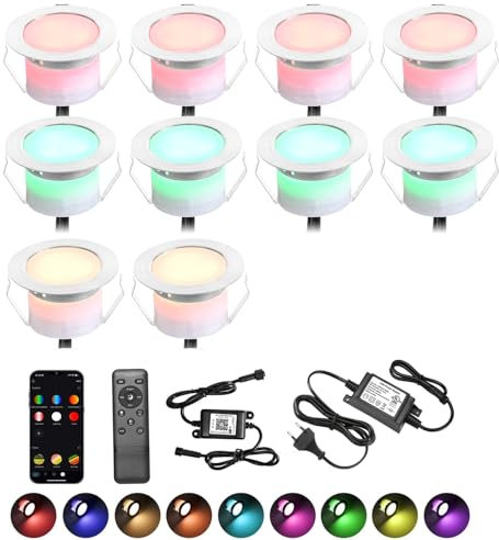 INDARUN WLAN Bodenstrahler Außen 10er Set, RGB+WarmesWeiß, Kompatibel mit Alexa,Google Home, LED Bodeneinbaustrahler Aussen, IP67 Wasserdicht, DC12V, Ø45mm, Terrassenbeleuchtung, Bodenleuchten Außen