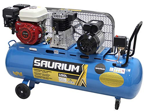 SAURIUM - Compresor de Aire - Con Correas - Gasolina + Eléctrico - 150L 5.5/3HP - Ideal para trabajos en lo exterior