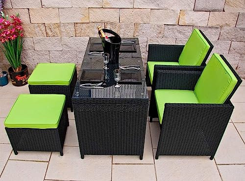 Ragnarök-Möbeldesign RAGNARÖK PolyRattan DEUTSCHE Marke - EIGENE Produktion - 8 Jahre GARANTIE Essgruppe Tisch mit 2 Stuhl & 2 Hocker Garten Möbel Glas Polster Apfelgrün Balkon Set Gartenmöbel