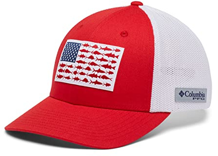 Columbia PFG Fischflaggen-Ballkappe, hoch, Red Spark/White/US Fish, L-XL