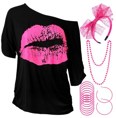 Blulu Damen 80 Jahre Kostüm Set T-Shirt Stirnband, Rosarot, L | T-Shirt mit Lippen Drucken, Spitze Stirnband Halsketten Armband und Ohrring, Für 80 Jahre Thema Party