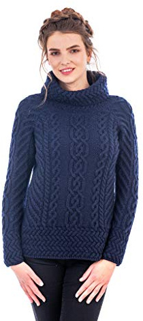 SAOL 100% Merino Wool Irish Fisherman Knitted Funnel Neck Ladies Long Loose Fit Sweater Jumper (Navy, X-Large)