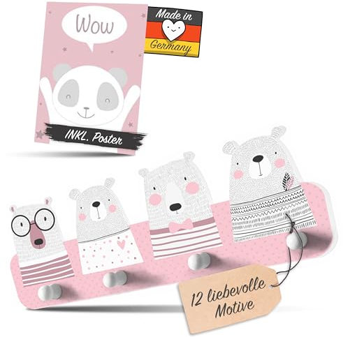 Kindsblick ® Bären Kindergarderobe in Rosa inkl. niedlichem A4 Poster - Garderobe Kinder Edition mit 4 Haken - Wunderschöne Kinder Garderoben Deko - Kinder Garderobe Maße (38 x 15 x 1 cm)